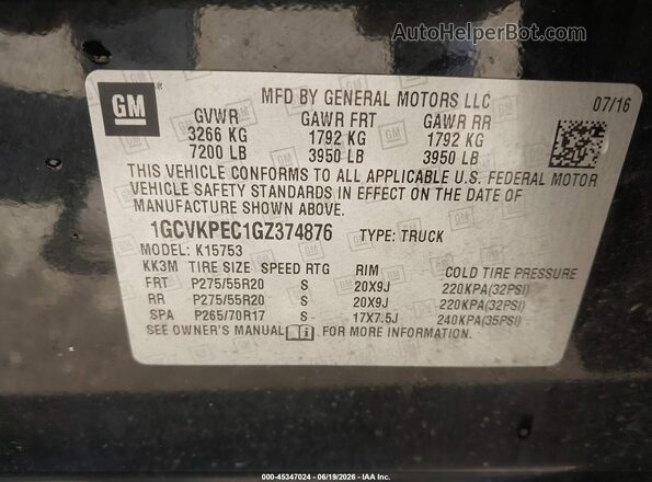 1GCVKPEC1GZ374876 2016 CHEVROLET SILVERADO Black Vista del compartimento del motor