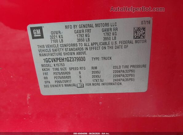 1GCVKPEH1GZ379930 2016 CHEVROLET SILVERADO Red Vista del compartimento del motor