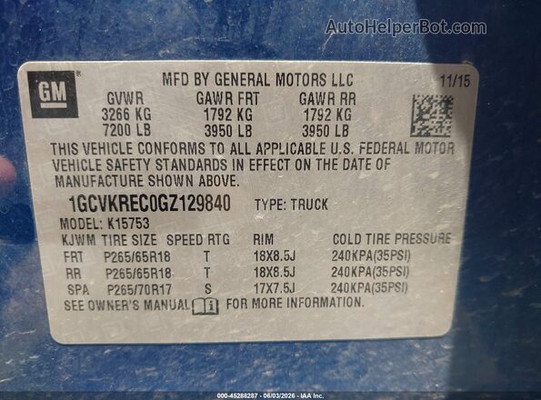 1GCVKREC0GZ129840 2016 CHEVROLET SILVERADO Blue Շարժիչի բաժամունքի տեսք