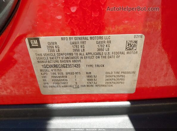 1GCVKREC0GZ357420 2016 CHEVROLET SILVERADO Red Вид підкапотного простору
