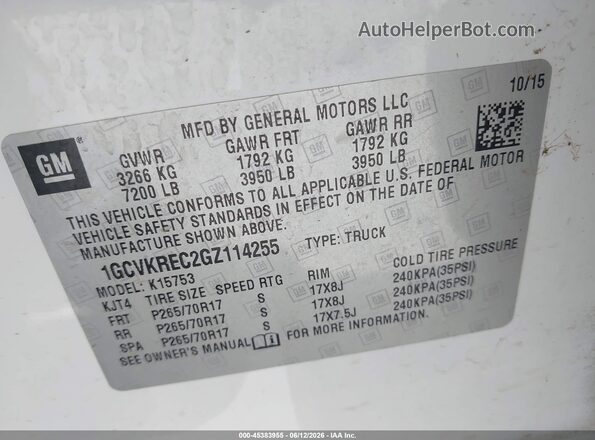 1GCVKREC2GZ114255 2016 CHEVROLET SILVERADO White 