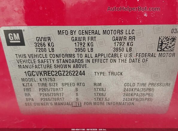 1GCVKREC2GZ262244 2016 CHEVROLET SILVERADO Red Вид підкапотного простору