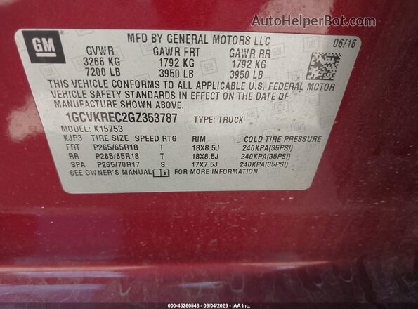 1GCVKREC2GZ353787 2016 CHEVROLET SILVERADO Maroon Engine compartment view