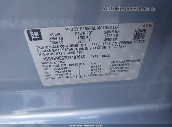 1GCVKREC3GZ197646 2016 CHEVROLET SILVERADO Light Blue Vista del compartimento del motor