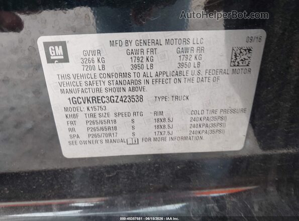 1GCVKREC3GZ423538 2016 CHEVROLET SILVERADO Black Вид підкапотного простору