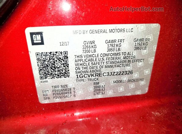 1GCVKREC3JZ222326 2018 CHEVROLET SILVERADO Burgundy VIN კოდის სტიკერის ხედი