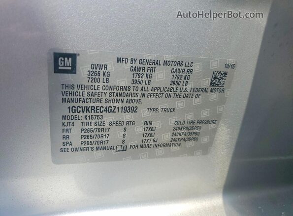 1GCVKREC4GZ119392 2016 CHEVROLET SILVERADO Silver 