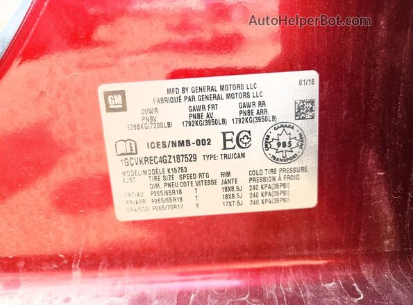 1GCVKREC4GZ187529 2016 CHEVROLET SILVERADO Burgundy Vista del compartimento del motor