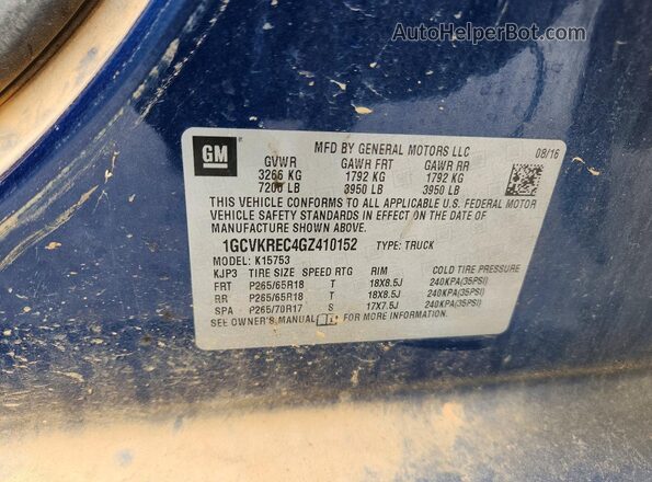 1GCVKREC4GZ410152 2016 CHEVROLET SILVERADO Blue Widok komory silnika