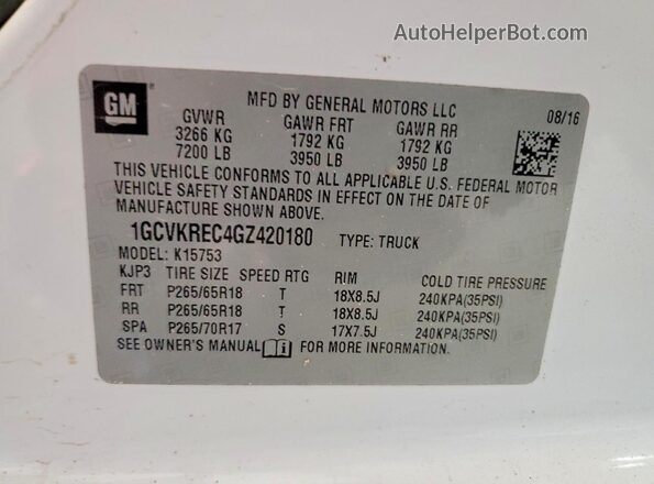 1GCVKREC4GZ420180 2016 CHEVROLET SILVERADO White Engine compartment view