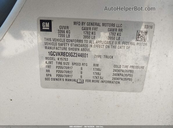 1GCVKREC6GZ244801 2016 CHEVROLET SILVERADO Silver Vista del compartimento del motor