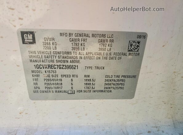1GCVKREC7GZ396621 2016 CHEVROLET SILVERADO White 