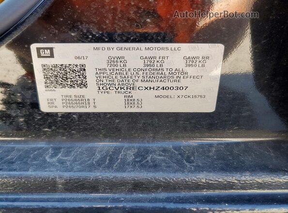 1GCVKRECXHZ400307 2017 CHEVROLET SILVERADO Black VIN კოდის სტიკერის ხედი