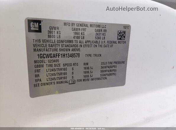 1GCWGAFF1H1348578 2017 CHEVROLET EXPRESS White Engine compartment view