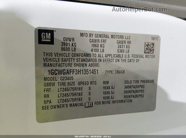 1GCWGAFF3H1351451 2017 CHEVROLET EXPRESS White Widok komory silnika