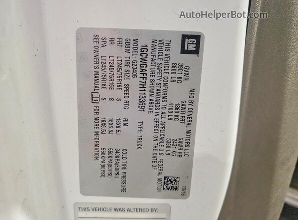 1GCWGAFF7H1133691 2017 CHEVROLET EXPRESS White VIN sticker view