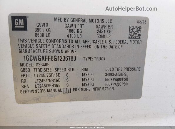 1GCWGAFF8G1236780 2016 CHEVROLET EXPRESS White Vista del compartimento del motor