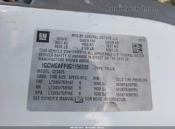 1GCWGAFF9G1156808 2016 CHEVROLET EXPRESS White Vista del compartimento del motor