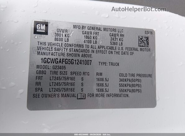 1GCWGAFG5G1241007 2016 CHEVROLET EXPRESS White 