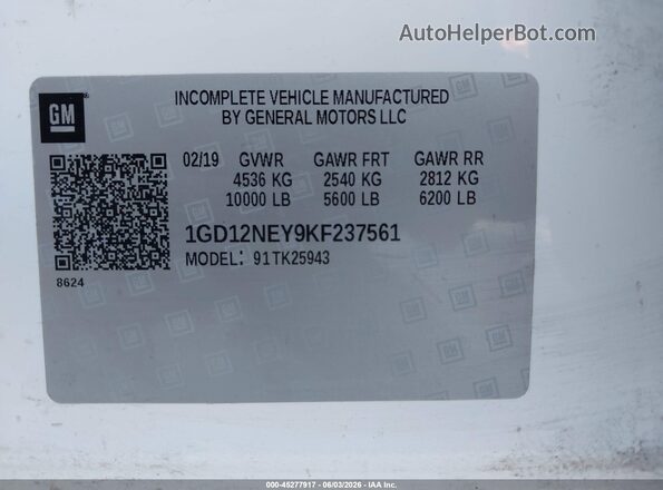 1GD12NEY9KF237561 2019 GMC SIERRA Белый 