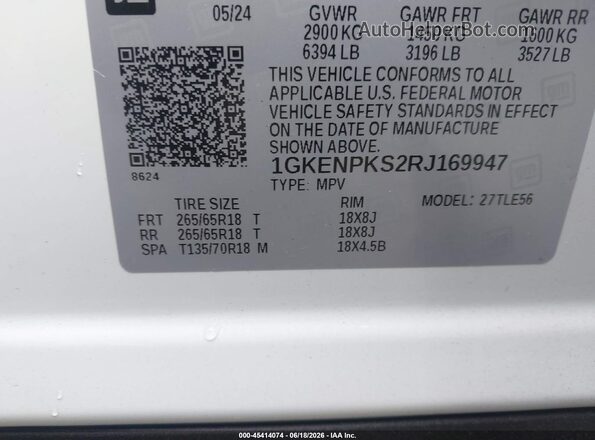 1GKENPKS2RJ169947 2024 GMC ACADIA Белый Вид подкапотного пространства