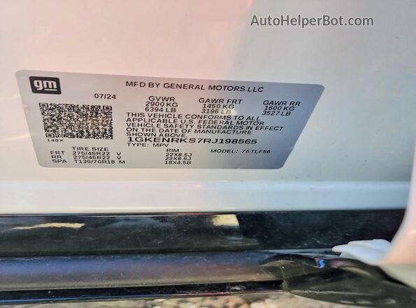1GKENRKS7RJ198565 2024 GMC ACADIA White Вид наклейки з VIN-кодом