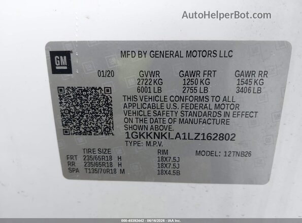 1GKKNKLA1LZ162802 2020 GMC ACADIA White Engine compartment view