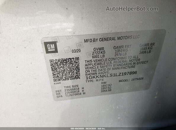 1GKKNKLS1LZ197896 2020 GMC ACADIA Silver Vista del compartimento del motor