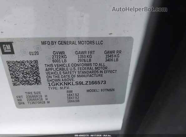 1GKKNKLS9LZ166573 2020 GMC ACADIA White Вид підкапотного простору