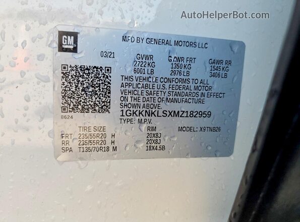 1GKKNKLSXMZ182959 2021 GMC ACADIA Белый Вид наклейки с VIN-кодом