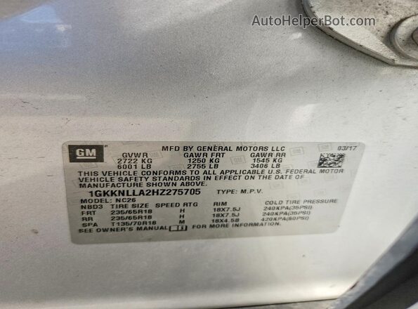 1GKKNLLA2HZ275705 2017 GMC ACADIA Silver VIN კოდის სტიკერის ხედი