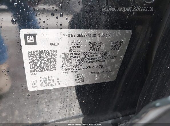 1GKKNLLAXKZ287575 2019 GMC ACADIA Черный Вид подкапотного пространства