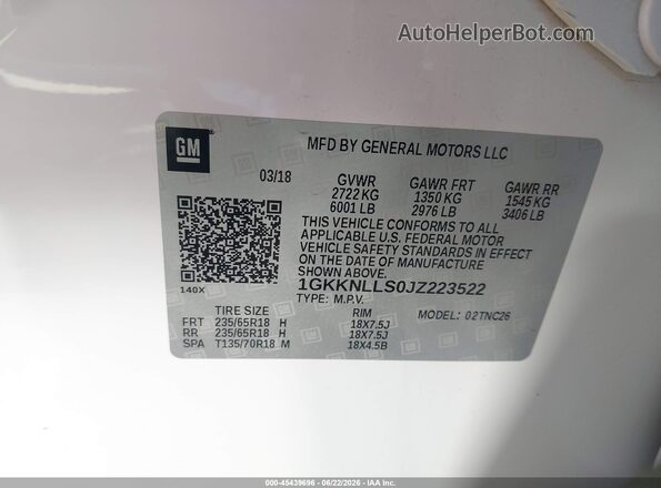 1GKKNLLS0JZ223522 2018 GMC ACADIA Белый Вид подкапотного пространства