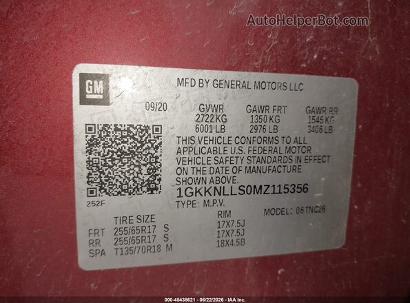 1GKKNLLS0MZ115356 2021 GMC ACADIA Red Engine compartment view