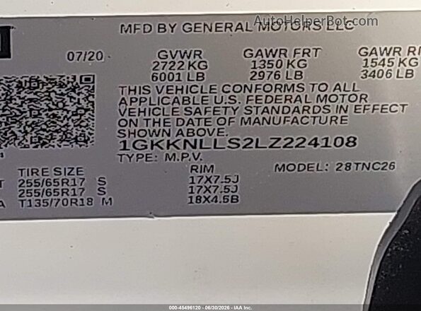 1GKKNLLS2LZ224108 2020 GMC ACADIA White ძრავის განყოფილების ხედი