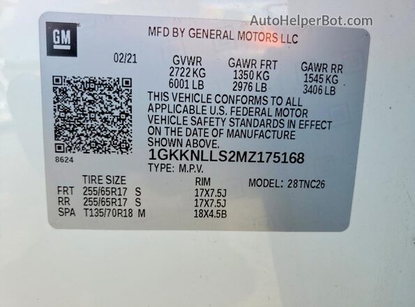 1GKKNLLS2MZ175168 2021 GMC ACADIA White Вид наклейки з VIN-кодом