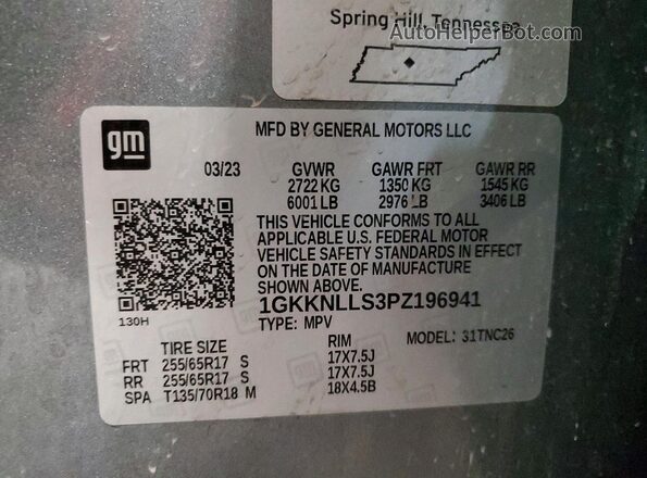 1GKKNLLS3PZ196941 2023 GMC ACADIA Gray Вид наклейки з VIN-кодом