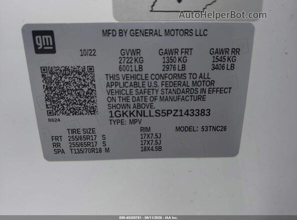 1GKKNLLS5PZ143383 2023 GMC ACADIA White ძრავის განყოფილების ხედი