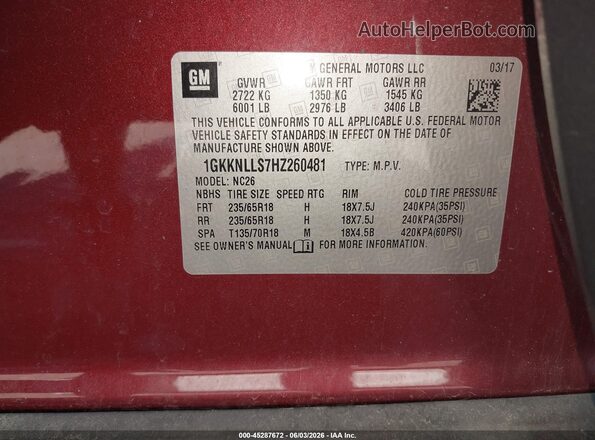 1GKKNLLS7HZ260481 2017 GMC ACADIA Burgundy 