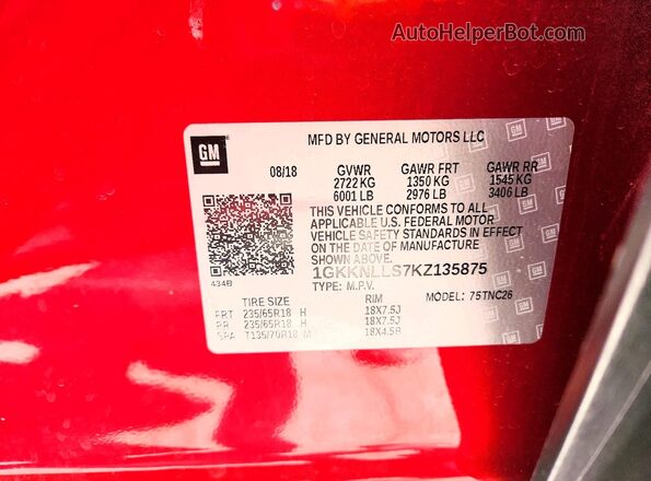 1GKKNLLS7KZ135875 2019 GMC ACADIA Красный Вид наклейки с VIN-кодом