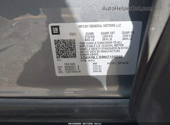 1GKKNLLS9MZ195059 2021 GMC ACADIA Gray ძრავის განყოფილების ხედი