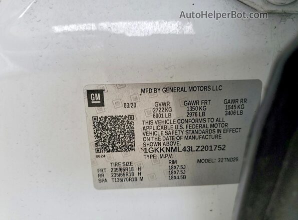 1GKKNML43LZ201752 2020 GMC ACADIA White VIN sticker view
