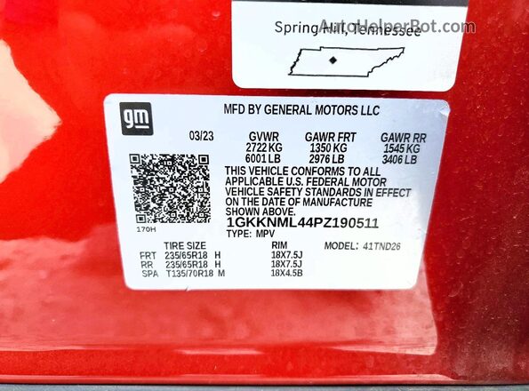 1GKKNML44PZ190511 2023 GMC ACADIA Red 360 interior view