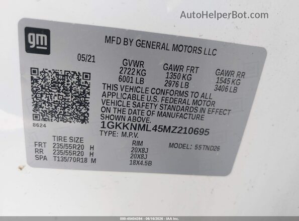 1GKKNML45MZ210695 2021 GMC ACADIA White Widok komory silnika