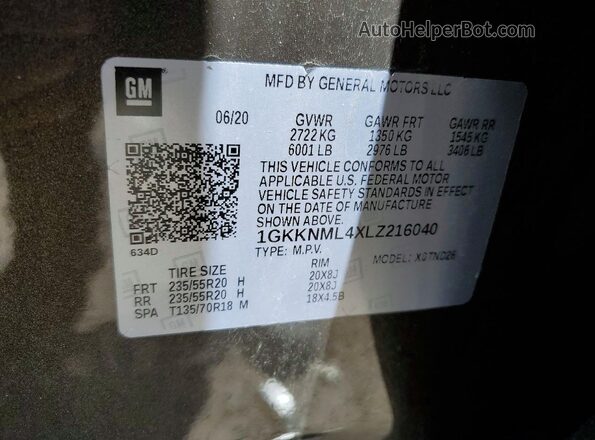 1GKKNML4XLZ216040 2020 GMC ACADIA Gray Widok naklejki z numerem VIN