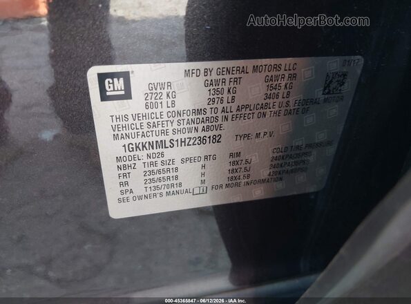 1GKKNMLS1HZ236182 2017 GMC ACADIA Gray ძრავის განყოფილების ხედი
