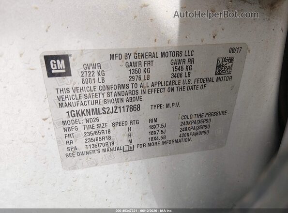 1GKKNMLS2JZ117868 2018 GMC ACADIA White Вид підкапотного простору