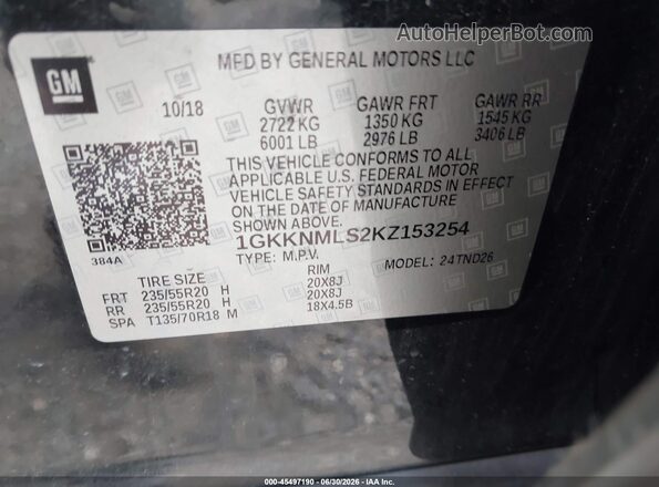 1GKKNMLS2KZ153254 2019 GMC ACADIA Black Widok komory silnika