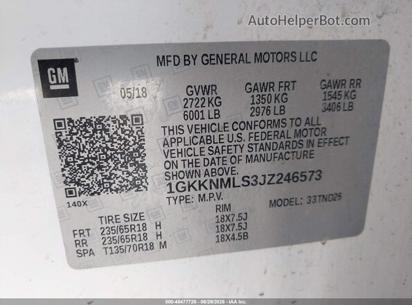 1GKKNMLS3JZ246573 2018 GMC ACADIA White Շարժիչի բաժամունքի տեսք