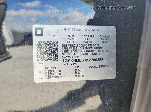 1GKKNMLS3KZ200355 2019 GMC ACADIA Black Widok naklejki z numerem VIN